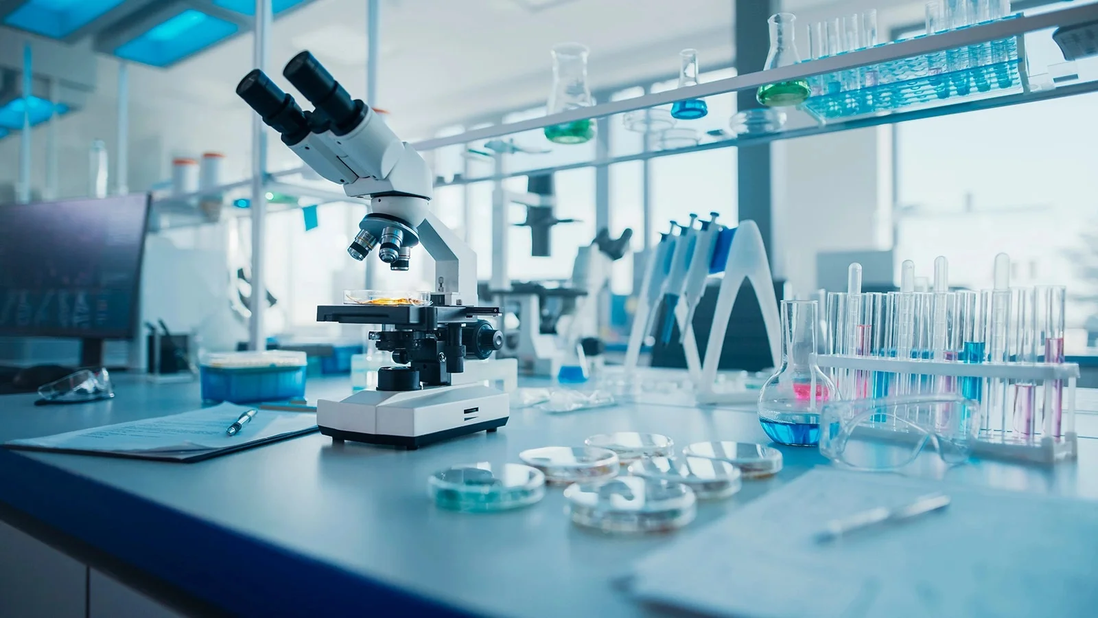 Organised laboratory workspace with microscope and equipment